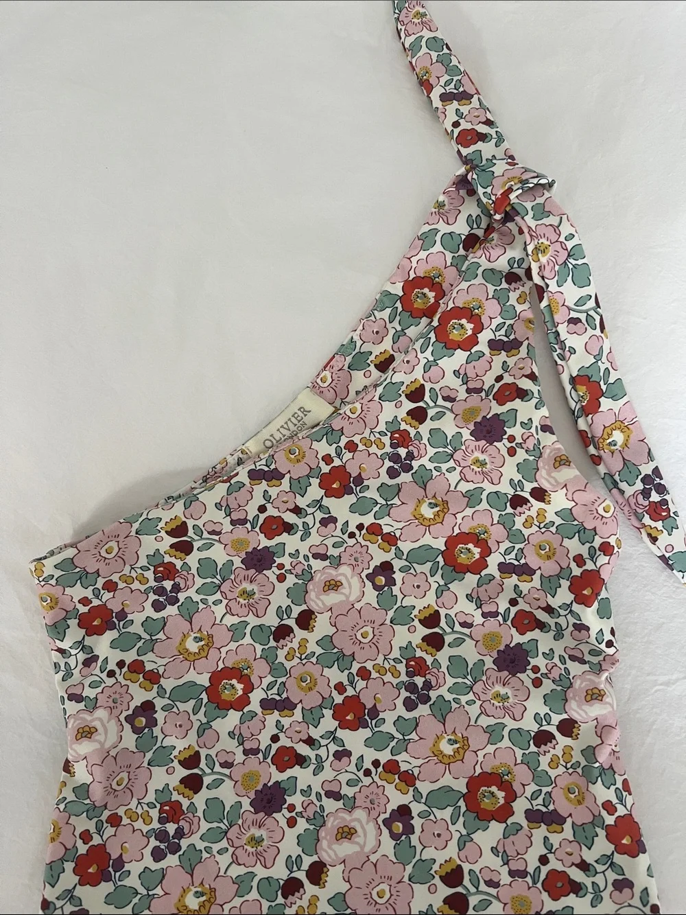 One-Shoulder Floral Tie Swimsuit - Pink, Red, Green